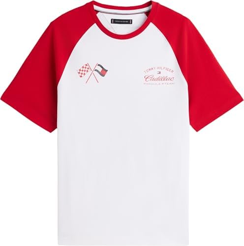 Unisexe T-Shirt Manches Courtes TH X Cadillac F1 Varsity Raglan Coton, Multicolore (White/Red), M