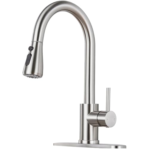 LUFG Brushed Nickel Kitchen Faucet with Pull Down Sprayer and Deck Plate | SUS 304 Stainless Steel, Single Handle, 3 Spray Modes, 360° Swivel Spout, RV Laundry Bar Sink, Deck Plate, NSF372 NSF61 cUPC