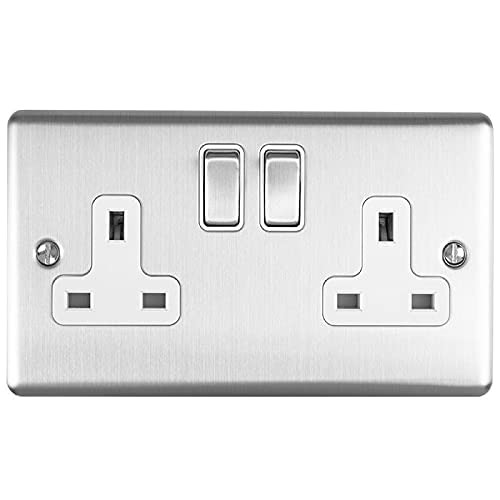 Enhance Decorative 2 Gang Socket Satin Stainless Finish with White Trim Steel EN2SOSSW