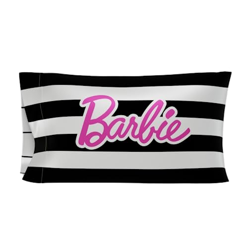 Franco Collectibles Barbie Barbicore Black & White Stripped Beauty Silky Satin Standard Pillowcase Cover 20x30 for Hair and Skin, (Official Licensed Product)