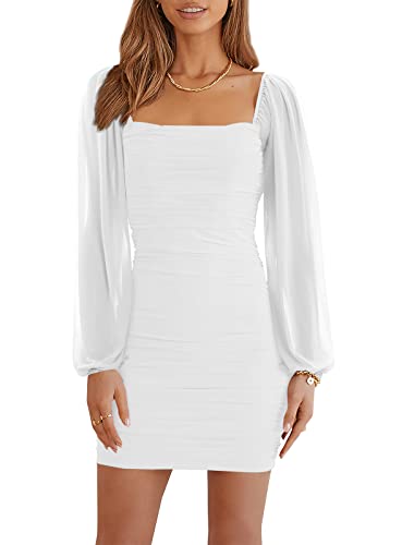 Wenrine Mini Abito Aderente da Donna a Maniche Lunghe con Scollo Quadrato Increspato per Feste e Cocktail, Bianco, S
