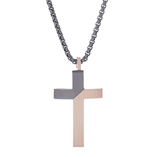 Steve Madden Mens Two-Tone Diagonal Design Cross Necklace on 26 Box Chain Stainless Steel, Silver-ToneRose Gold-Tone, 26, Silver-Tone and Rose Gold-Tone