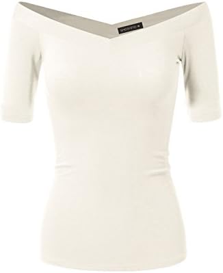 Women Short Sleeve Slim Fit Stretch Crop Top Off-Shoulder V Neck T-Shirt