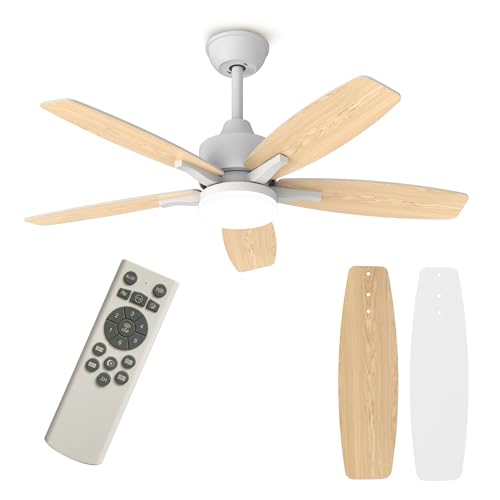 Kemoribe Ceiling Fan with Light and Remote Control, 106 cm LED Lamp Ceiling Fan Dimmable Built-In Lamp, 6 Speed, Silent Wood Effect Blades