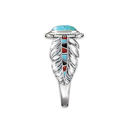 Nmch Women\'s Vintage Rings Jewelry Cubic Zirconia Turquoise Feather Rings Cocktail Party Rings Bridal Wedding Rings (Silver, 7-)