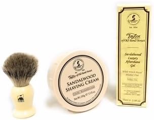 Taylor of Old Bond Street Sandalwood Shave Cream, Aftershave Gel &amp; GBS Ivory Pure Badger Brush