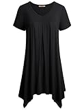 Miusey Womens V Neck Short Sleeve Pleats Handkerchief Hem Loose Fit Tunic Top