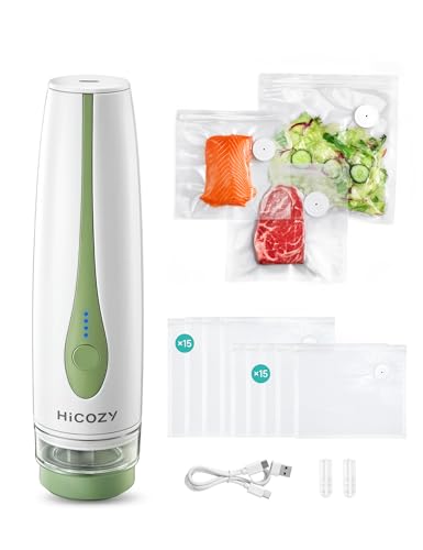 HiCOZY V1 Vacuum Sealer for Food with Visible Water Tank, Powerful Compact Handheld Vacuum Sealer Machine with LED Battery Display, 30 BPA-Free and Reusable Bags, White and Green
