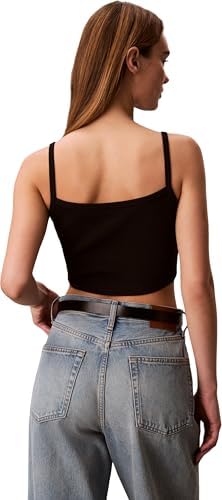 Camiseta de Tirantes Mujer Woven Label Rib Cropped, Negro (Black), M