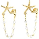 Shell Starfish Earrings for Women Ocean Starfish Pearl Chain Tassel Drop Earring Gold Silver Sea Shell Dangle Stud Earrings Dainty Tiny Ear Jewelry Gift