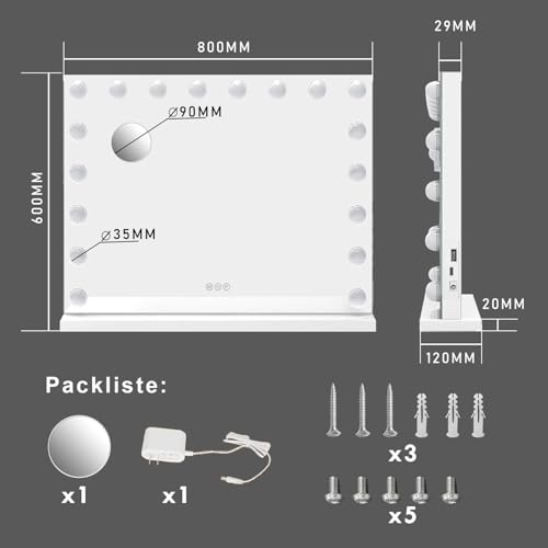 MIQU Makeup Mirror with Light 80 x 60 cm, Hollywood Vanity Mirror with 18 LED Bulbs, 3 Light Modes, Adjustable Intensity, with USB/Type-C Port, Magnification, Touch Control, for Table or Wall