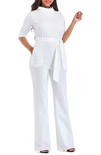 KISSMODA Womens Elegant Wide Leg Work Jumpsuits Long Fitted Romper Pants Half Sleeve with Belt (Large, D-White)