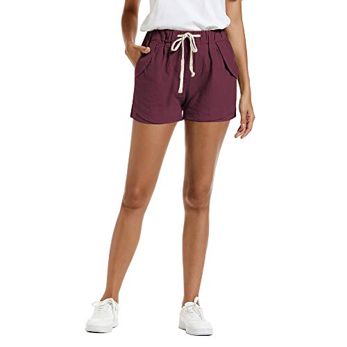 NEWFANGLE Women’s Cotton Linen Causal Shorts Comfy Beach Short Drawstring Elastic Waist Shorts,WineRed,XL