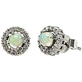 Round Opal Diamond Stud Earrings- Genuine Opal Gemstones Diamonds- Sterling Silver- Women's Jewelry Gift Idea- October Birthstone Birthday