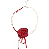 Kokoma Elegant Red Rose Pearl Choker Necklace for Women, Floral Ribbon Collar with Satin Flower Chokers Adjustable for Wedding Xmas Party