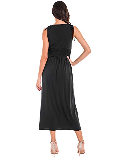 Le Vonfort Women\'s Shoulder Tie Knotted Empire Waist Pure Color Maxi Beach Dress Black Medium