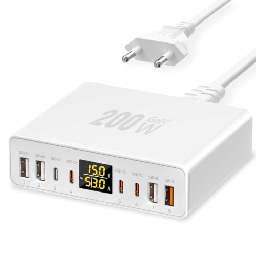 USB C Charger Multiple 8-Port with LED Display, YSYFAD 200W GAN USB Charging Station PPS PD Type C Power Supply QC3.0 Fast Charging Power Charger USBC 45W Charger for iPhone iPad MacBook Laptops White