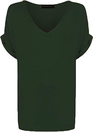 New Ladies Women V Neck Turn Up Short Sleeve Baggy T-Shirt Top Plus Size UK 8-26