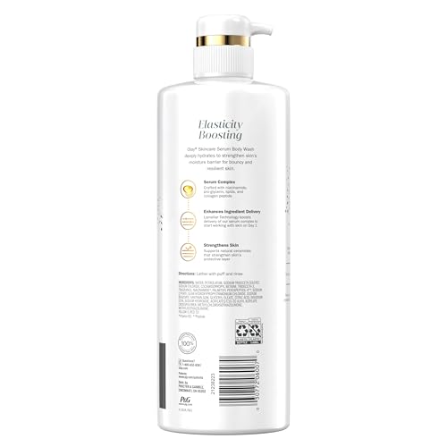 OLAY BODY WASH FOR WOMEN, ELASTICITY BOOSTING, COLLAGEN PEPTIDE SERUM COMPLEX, RENEWS MOISTURE, FREE OF PARABENS & PHTHALATES, VITAMIN B3 LAMELLER TECHNOLOGY, FOR ALL SKIN TYPES, 26 FL OZ