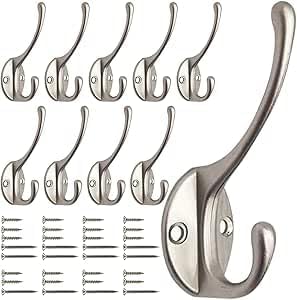 GlazieVault Satin Nickel Coat Hooks Set of 10 Heavy Duty Wall Mounted