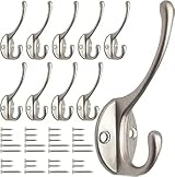 GlazieVault Satin Nickel Coat Hooks Set of 10 Heavy Duty Wall Mounted