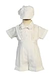 Boys Poly Cotton Suspendered Shorts Christening Romper with Matching Hat