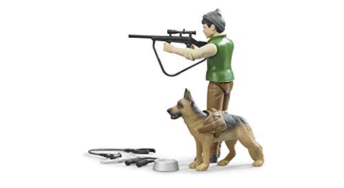 bruder 62660 - Bworld Förster mit Schäferhund, Gewehr, Fernglas, Jagdmesser - 1:16 Forstwirtschaft Figur Mann Jäger Wald-Arbeiter Bauernhof Holztransporter Land Rover Baumstämme – Bild 6