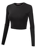 Doublju Basic Long Sleeve Crop Top For Women With Plus Size BLACK LARGE