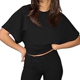 Women Wide Short Sleeve Casual Crew Neck Cinched Waist Shirt Cute Workout Crop Top