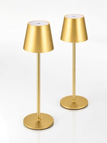 2 Stück LED Dimmbare Akku Tischlampe Kabellose, Wiederaufladbar Warme Lichtfarbe 3000K Tischleuchte Für Innen und Aussen mit USB-C, Aluminium, IP54 Wasserdichte (golden)