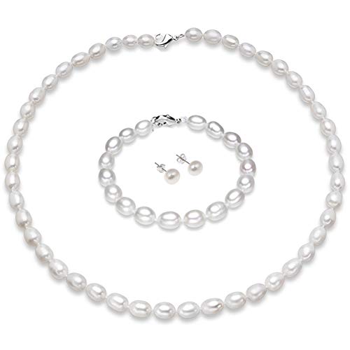 Treasure Bay FAB Elegant 7-8mm Rice Shape Freshwater Pearl Necklace Bracelet and Earring Jewellery Set for women and Girls (White)