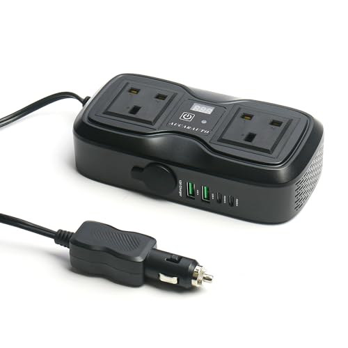 AUCARAUTO 7 in 1 Multi Car Power Inverter 200W 12V to 240V Voltage Converter with LED Voltmeter, 4-Port PD/QC3.0 USB Charge, 3-Pin Sockets and Cigarette Lighter Splitter, USB C Car Charger for Laptop