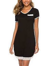 FINWANLO Camisón de dormir de algodón para mujer, cuello en V, manga corta, ropa de dormir de encaje