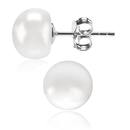 Alyc Pearl Earrings 13mm Freshwater Pearl White Button Stud Earrings with 925 Sterling Silver for Women (12.5-13.0mm)
