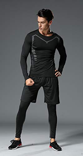 5PCS /Men Workout Outfit Set Gym Running Fitness Sportswear Kit Compression Pants Shirt Top Long Sleeve Jacket Set Black Gray - Thumbnail 3