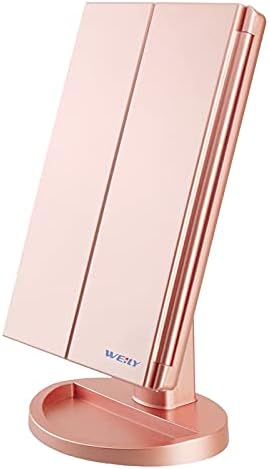 Weily Lighted Makeup Mirror Tri Fold Vanity Mirror With 1x 2x 3x Magnification Mirrors 21 Natural Led Nights And Touch Screen Chargeable Travel Cosmetic Mirror For Desktop Rose Gold Amazon Ae