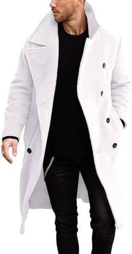 Mens Notch Lapel Double Breasted Trench Coat Slim Fit Winter Warm