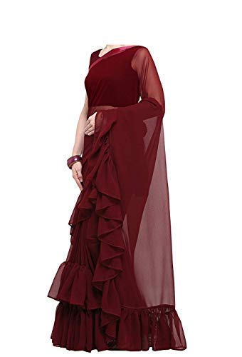 magneitta women's georgette solid ruffle saree