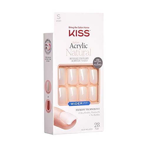 KISS SALON ACRYLIC WIDER FIT NATURAL FAKE NAILS, ‘RARE’, 28 ACRYLIC-INFUSED, BUBBLE-FREE, FLEXIBLE, DURABLE, FALSE GLUE-ON NAILS