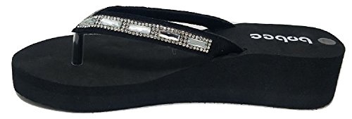 Women's Crystal Rhinestone Strap Platform Wedge Thong Flip Flop Summer Beach Sandals (8, Black)