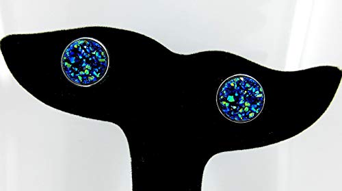 Silver-tone Blue Faux Druzy Stone Stud Earrings 12mm - Thumbnail 2