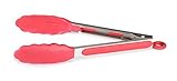Kitchen Salad Tongs-9 Inch Red Color,Non Slip,Non Stick,Silicone,Premium Quality Stainless Steel Gripped Handle,Ring Pull Locking System,Multi Purpose Cooking & Serving,Heat Resistant,Dishwasher Safe
