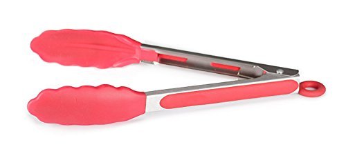 Kitchen Salad Tongs-9 Inch Red Color,Non Slip,Non Stick,Silicone,Premium Quality Stainless Steel Gripped Handle,Ring Pull Locking System,Multi Purpose Cooking & Serving,Heat Resistant,Dishwasher Safe