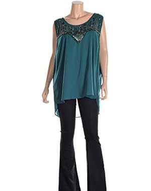Jessica Simpson PLUS Dylan Deep Teal Sleeveless Beading Pullover Top Shirt 2X