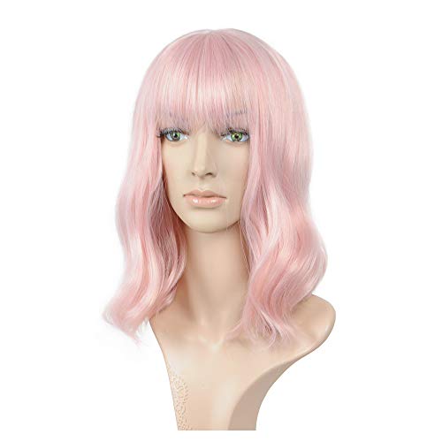 incohair 14 Inch Pink Wig Pastel Wavy Wig with Air Bangs Women Girls Short Bob Curly Wig Shoulder Length Lace Seam Synthetic Cosplay Wig Wig Cap Included