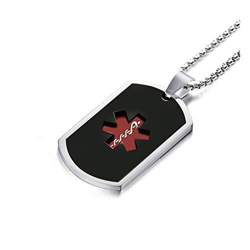 BAIYI Medical Alert ID Necklace Stainless Steel Hollow Out Dog Tag for Men Women 24 inch Free Engraving