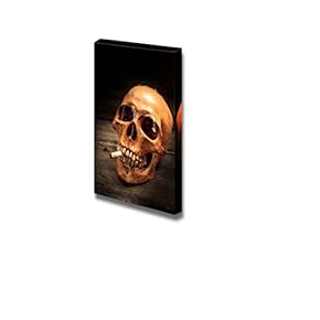 Canvas Prints Wall Art - Skull with Cigarette, and Old Wood Background Warning - 18" x 12"