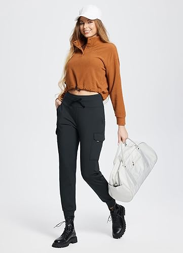 BALEAF WOMEN’S FLEECE LINED JOGGER PANTS HIKING WATER RESISTANT THERMAL HIGH WAIST CARGO POCKETS TRAVEL WINTER BLACK M