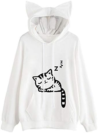 Cats Hoody Linqi1164 Women Long Sleeve Lovely Animals Print Pockets Shirts with Kangaroo Pockets Sweatshirt Hoodie Jumper Tops Blouse for Teens Girls