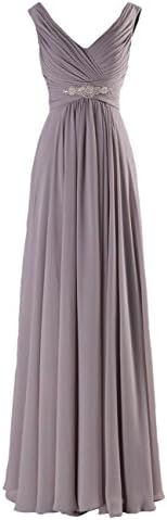 Yougao Women's V Neck A-Line Chiffon Long Floor Length Evening Dress Gown US 14 Grey